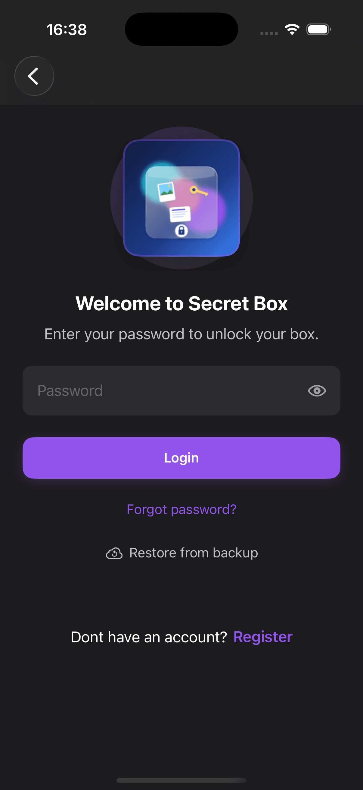 My Secret Box login screen with password entry and restore options