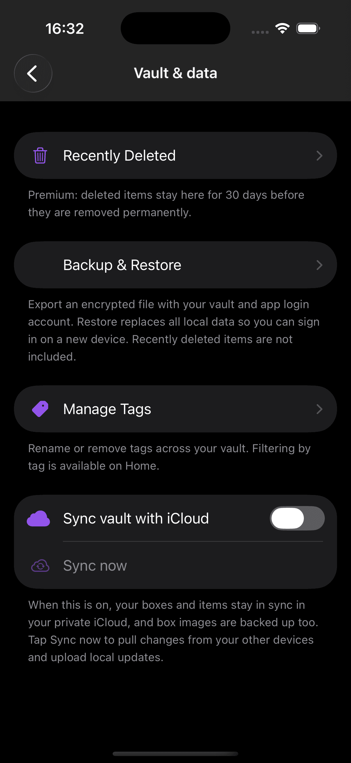 My Secret Box vault and data settings screen showing backup and sync options