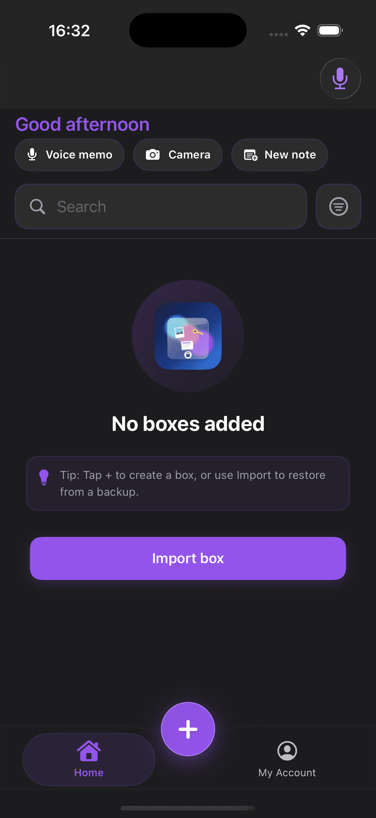 My Secret Box home dashboard with quick actions and import flow
